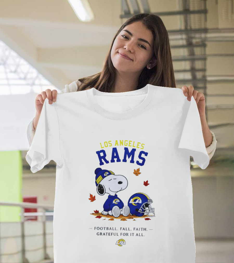 Los Angeles Rams Snoopy Football Fall Faith Grateful For It All NFL Peanuts Fan Gear T-Shirt