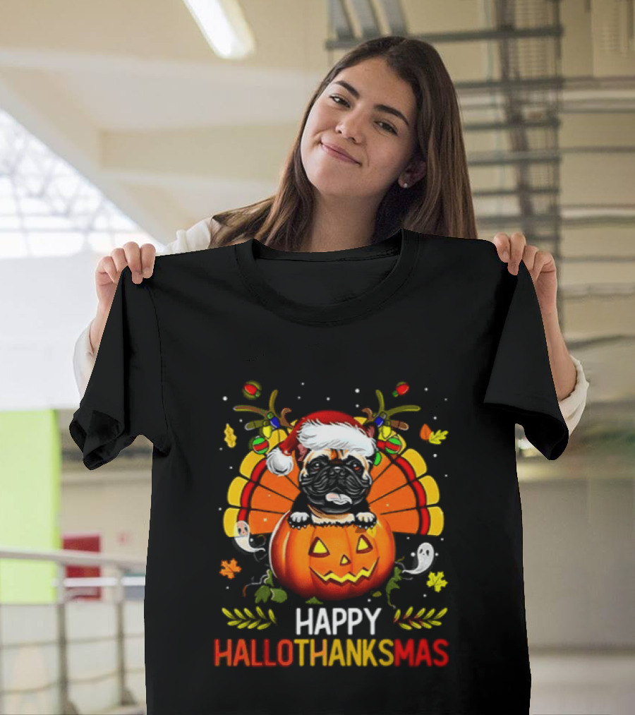 Happy Hallothanksmas Bulldog With Santa Hat Pumpkin And Turkey Feathers 2026 T-Shirt