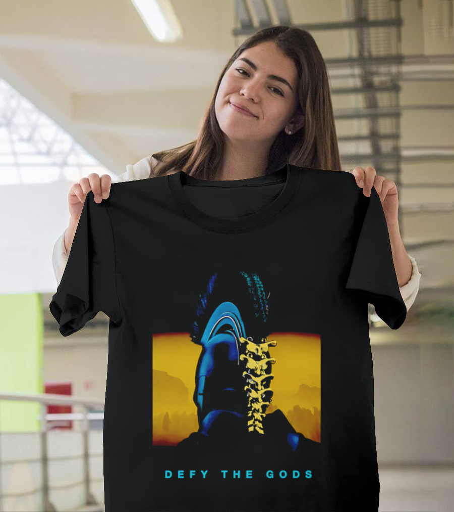Defy The Gods Spartan Warrior Helmet Art Blue And Gold T-Shirt