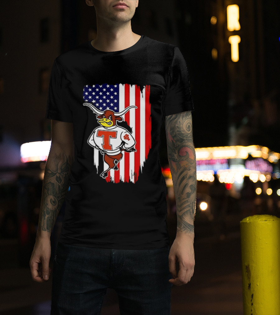 Texas Longhorns Mascot Over USA Flag T-Shirt