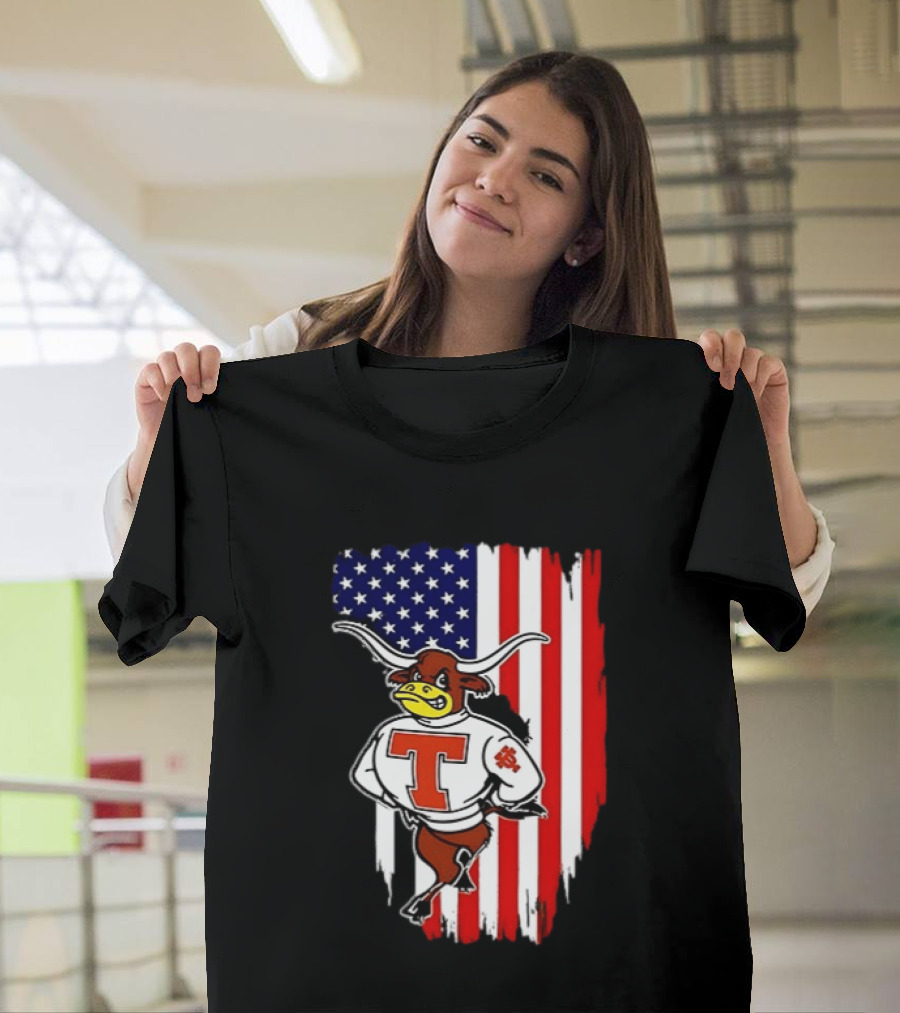 Texas Longhorns Mascot Over USA Flag T-Shirt