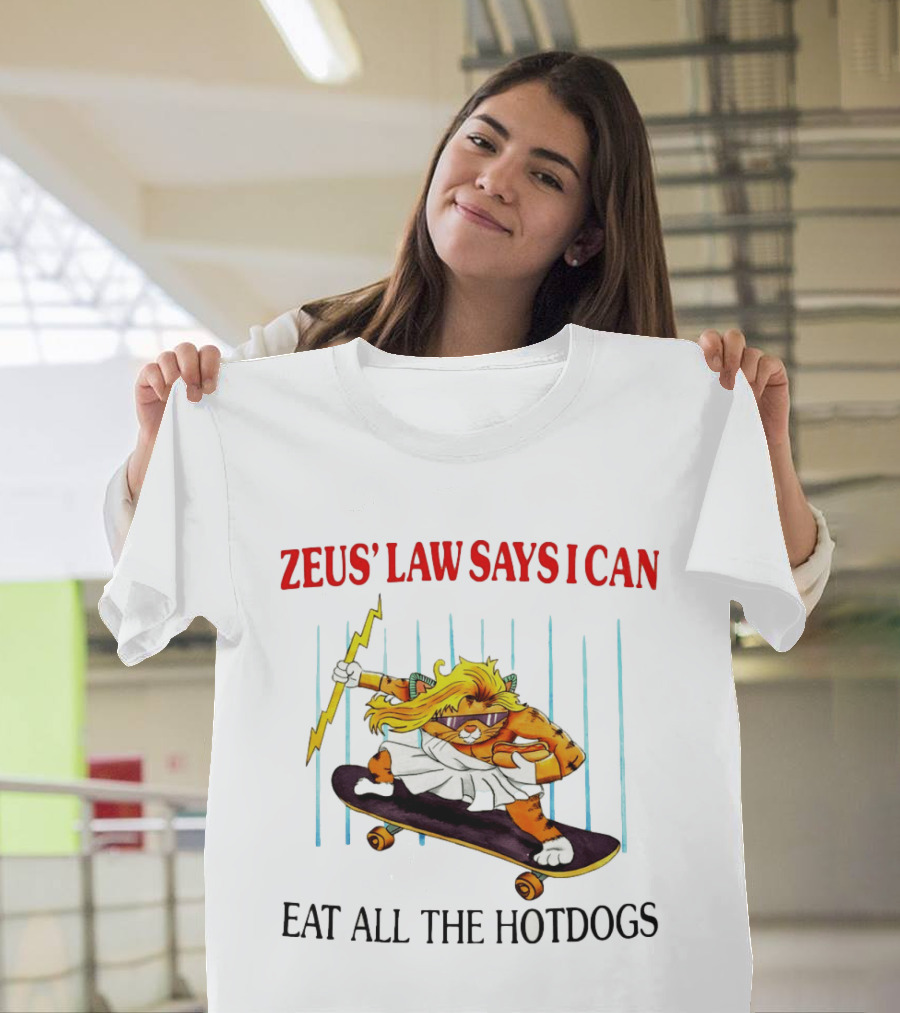 Zeus' Law Says I Can Eat All The Hotdogs Cat Holding Lightning Skateboard T-Shirt