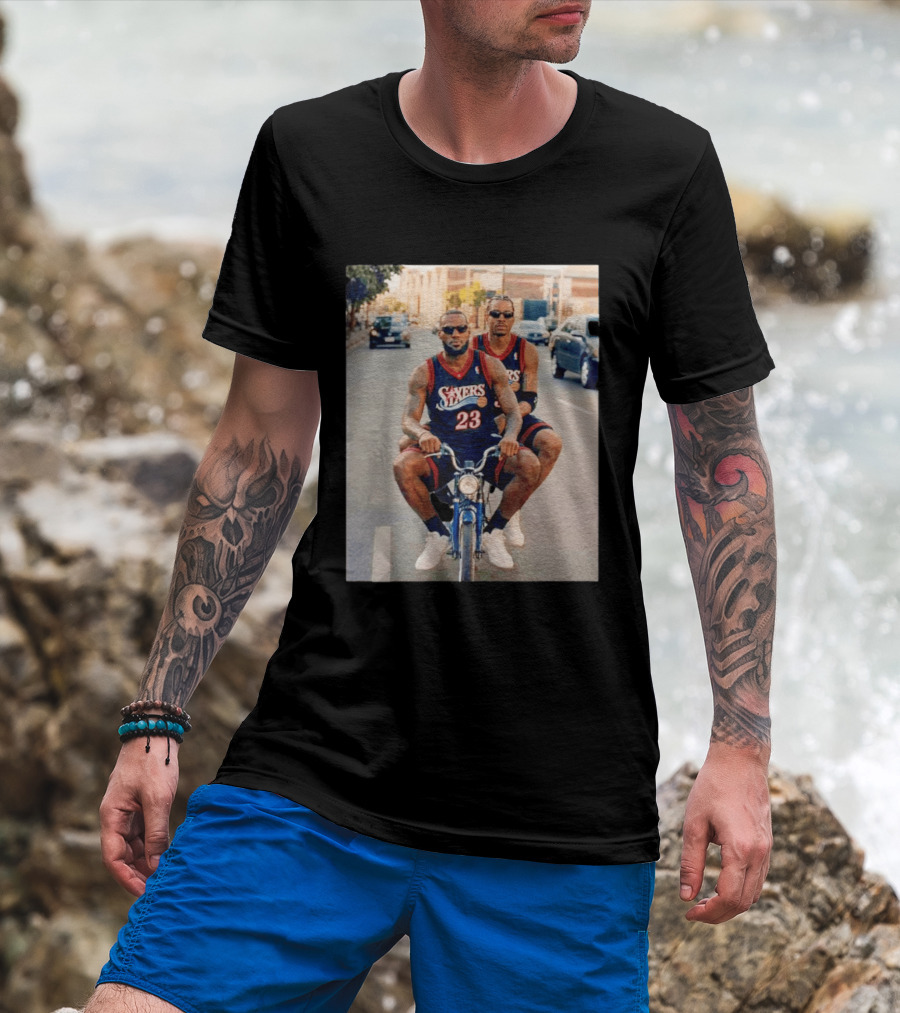 Philadelphia 76ers LeBron James Allen Iverson Duo On Bicycle T-Shirt
