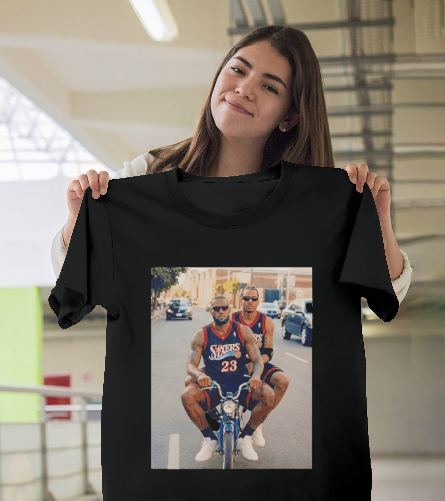 Philadelphia 76ers LeBron James Allen Iverson Duo On Bicycle T-Shirt