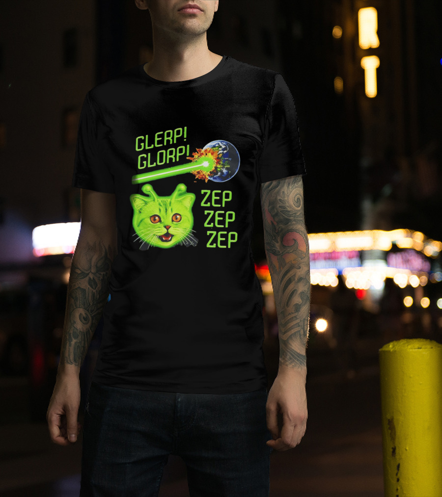Glerp Glorp Cat Alien Zep Zep Zep Earth Laser Explosion T-Shirt