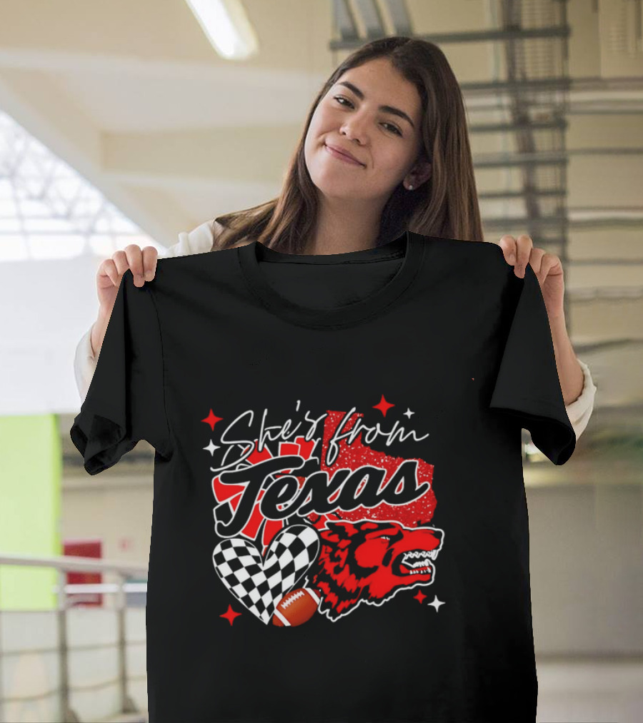 Cheerleading Texas Football Wolf She's From Texas Heart Checkered Ball Stars T-Shirt