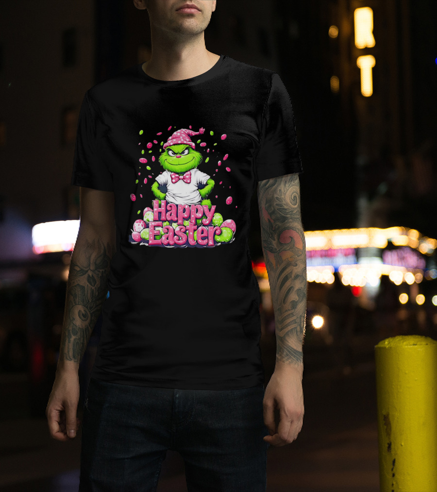 Happy Easter Grinch In Festive Hat With Colorful Eggs T-Shirt