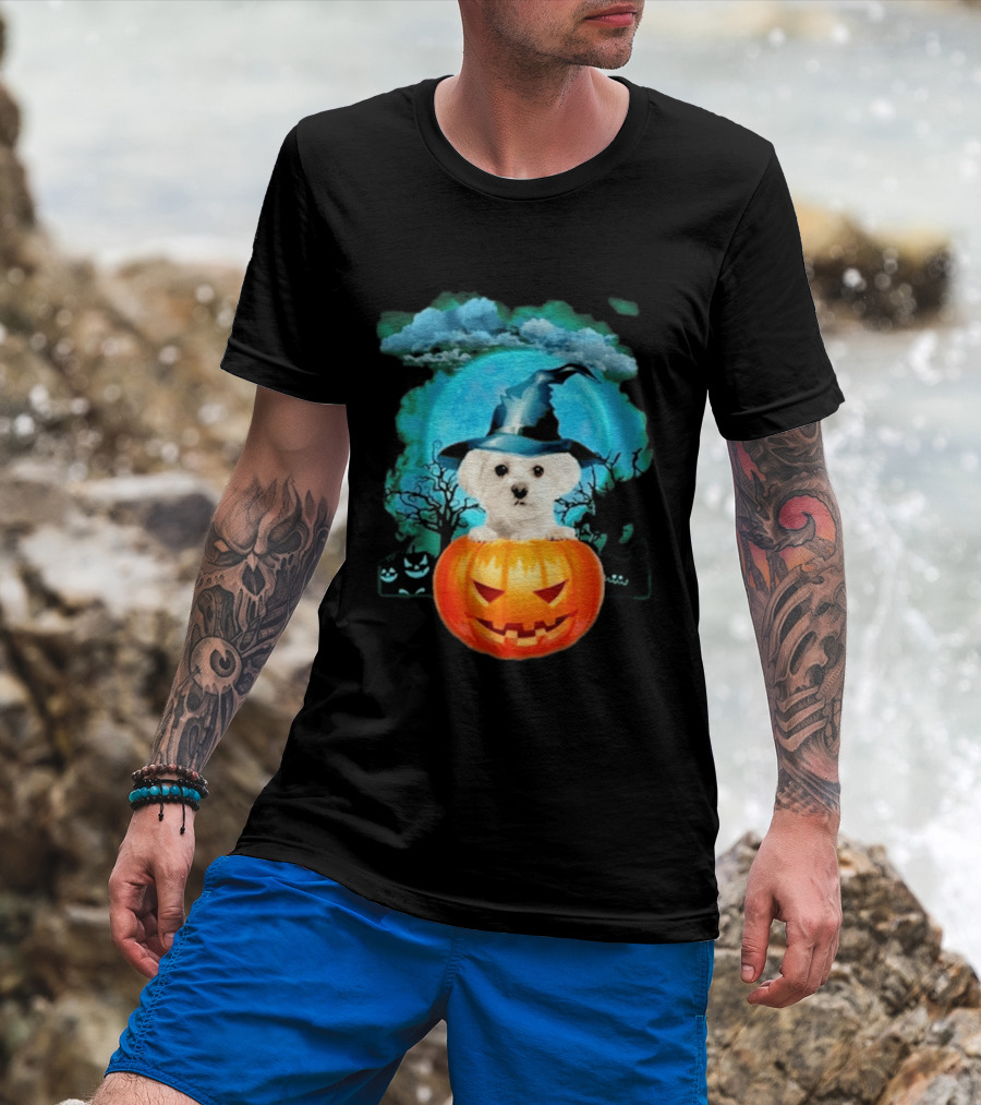 Happy Halloween White Maltese Witch Hat Pumpkin Blue Moon T-Shirt