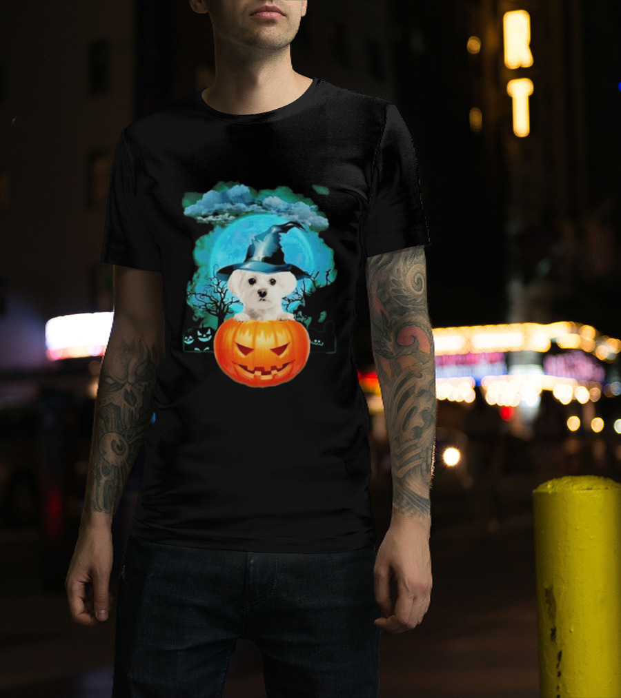 Happy Halloween White Maltese Witch Hat Pumpkin Blue Moon T-Shirt