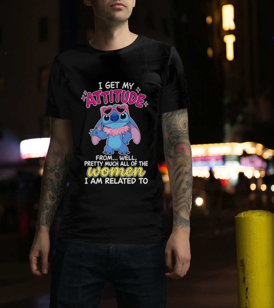 I Get My Attitude From Pretty Much All Of The Women I Am Related To Cute Blue Cartoon Character With Pink Accessories T-Shirt