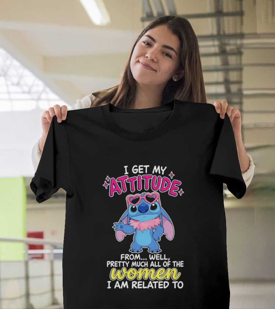 I Get My Attitude From Pretty Much All Of The Women I Am Related To Cute Blue Cartoon Character With Pink Accessories T-Shirt