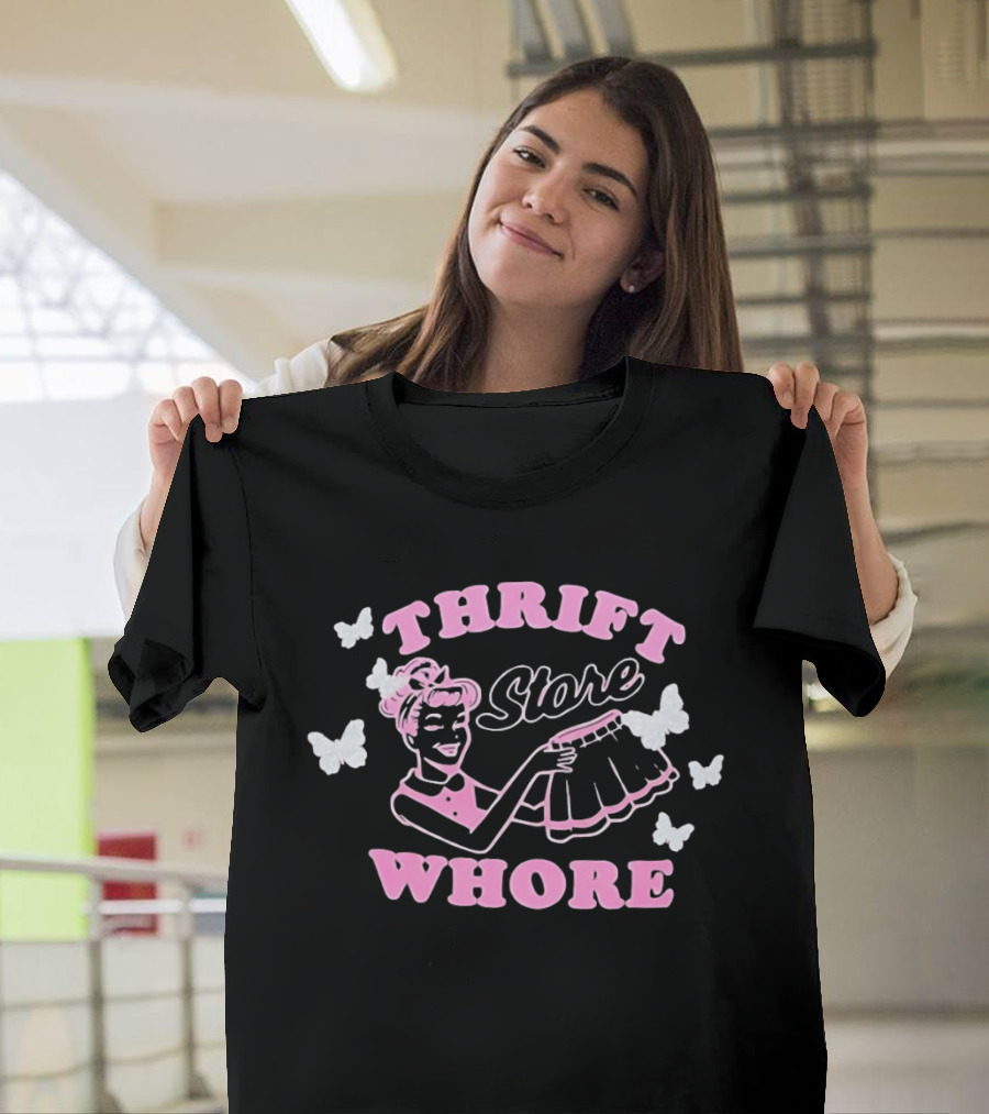 Thrift Store Whore Retro Feminine Fun Pink Butterfly T-Shirt