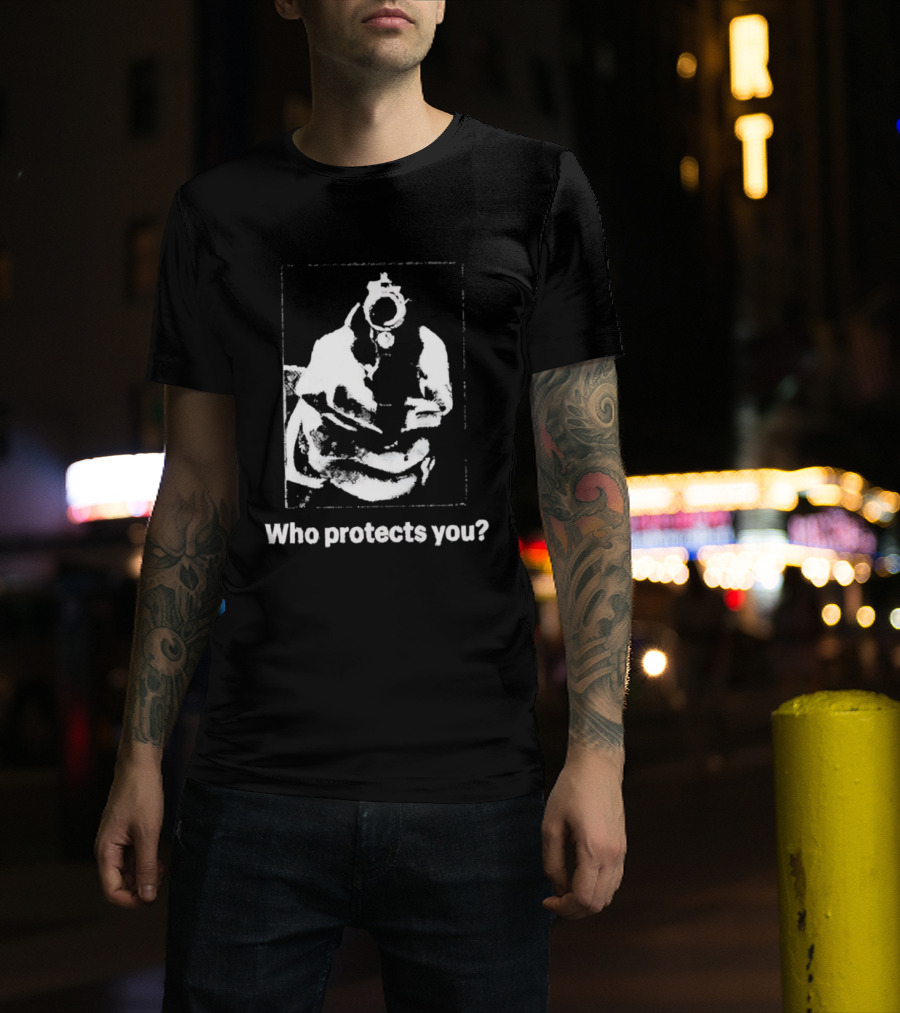 Who Protects You Question With Gun Aimed At Viewer T-Shirt