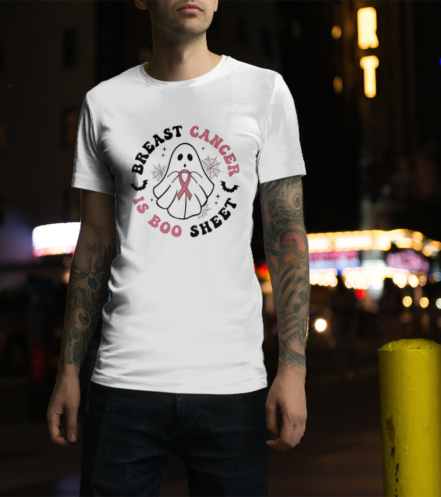 Breast Cancer Awareness Ghost Boo Sheet Ribbon Spooky Webs Bats T-Shirt