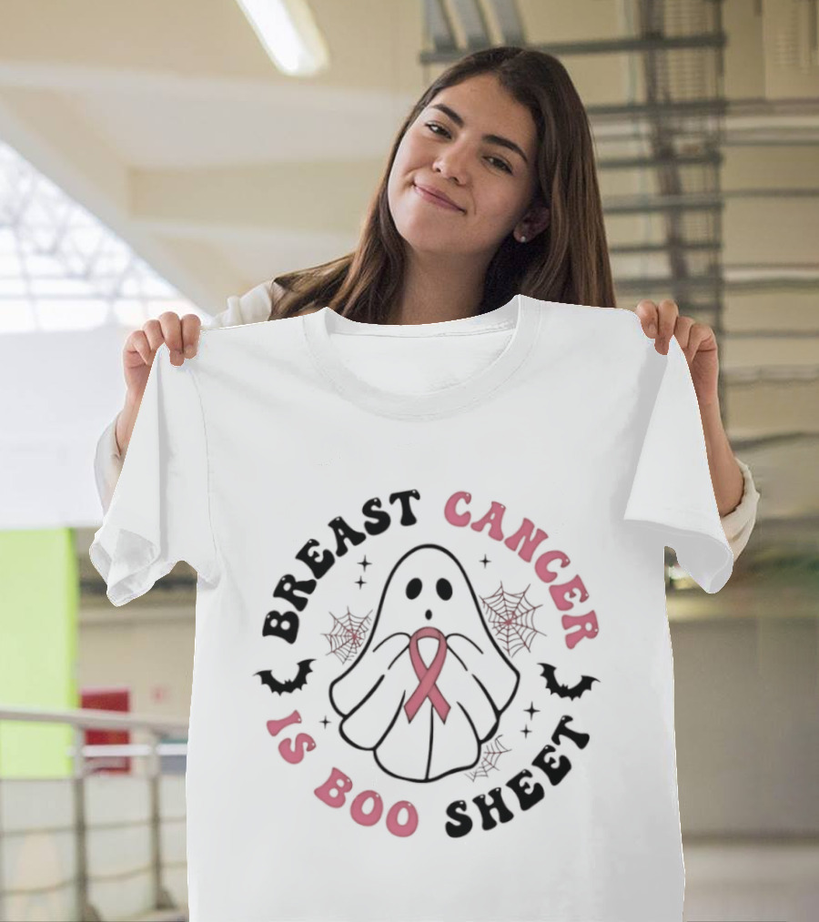 Breast Cancer Awareness Ghost Boo Sheet Ribbon Spooky Webs Bats T-Shirt