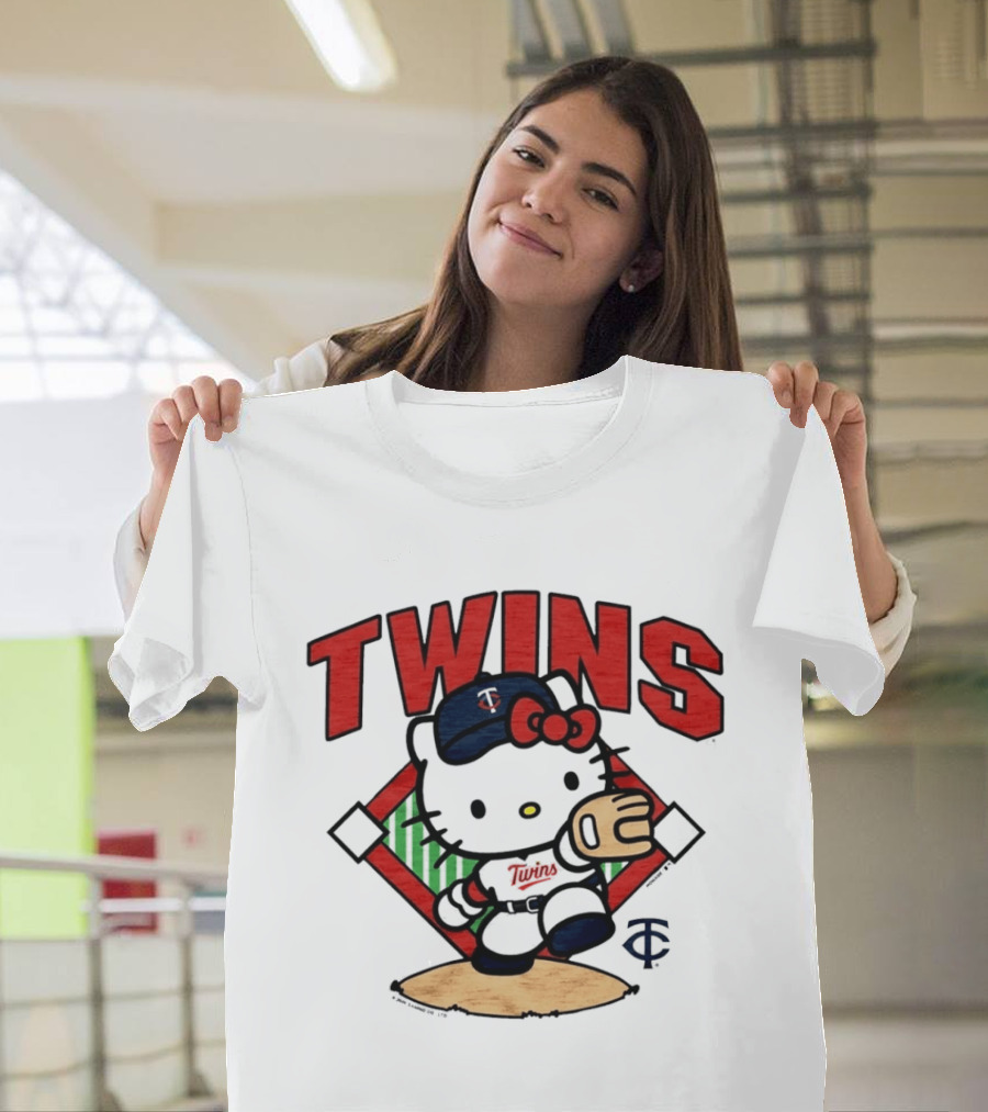 Hello Kitty Twins Baseball Distressed MLB Player Cartoon T-Shirt