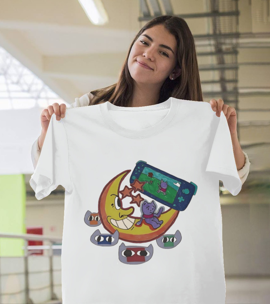 Cartoon Moon And Cat Playing Game With Stars And Colorful Masks T-Shirt