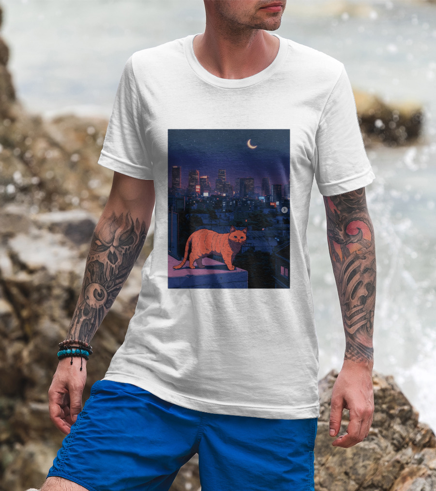 Orange Tabby Cat Under Night Sky Overlooking City Skyline With Crescent Moon T-Shirt