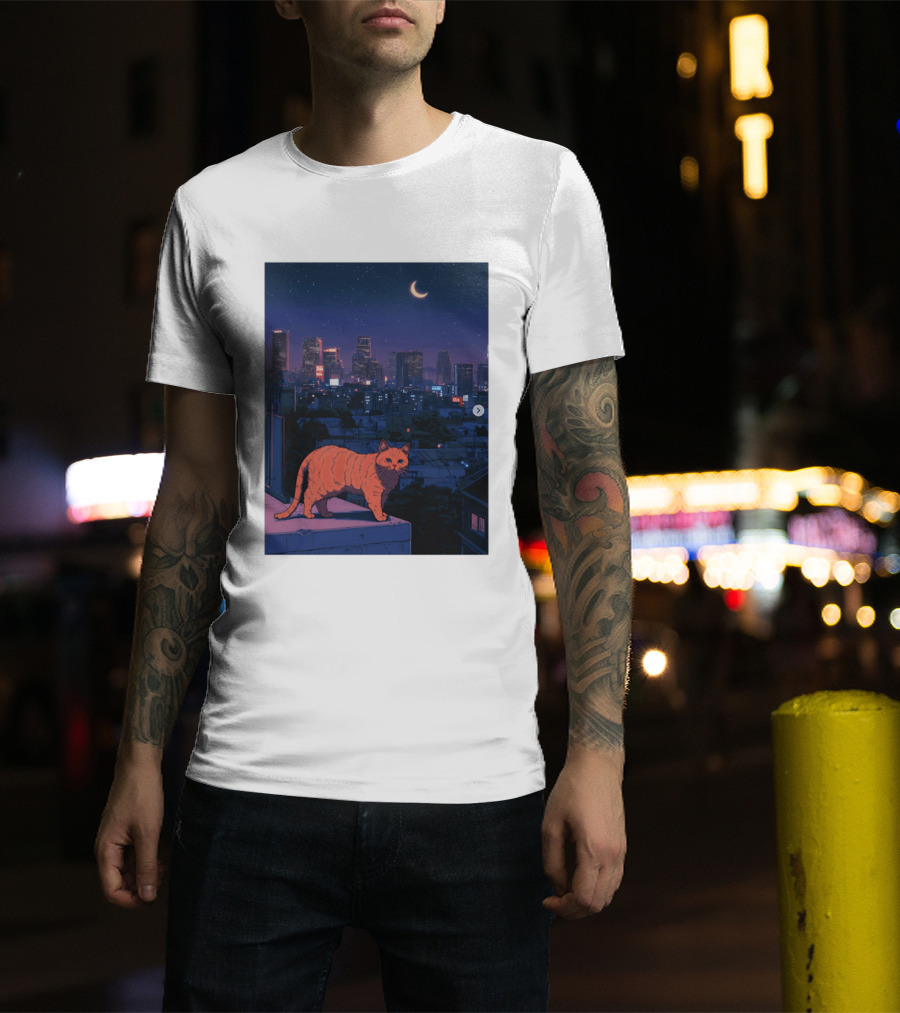 Orange Tabby Cat Under Night Sky Overlooking City Skyline With Crescent Moon T-Shirt