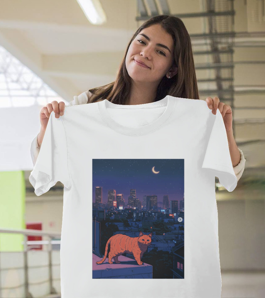 Orange Tabby Cat Under Night Sky Overlooking City Skyline With Crescent Moon T-Shirt