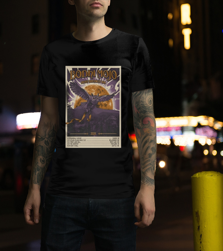 Bodhi Mojo Pacific Northwest Run 2026 Tour Owl Illustration Dates And Locations T-Shirt