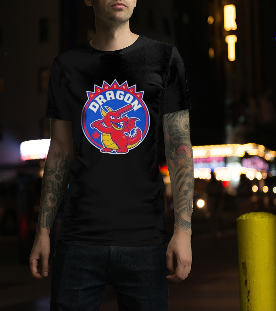 Home Run Dragon Baseball Batting Red Maple Leaf T-Shirt