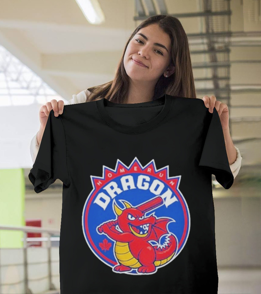 Home Run Dragon Baseball Batting Red Maple Leaf T-Shirt