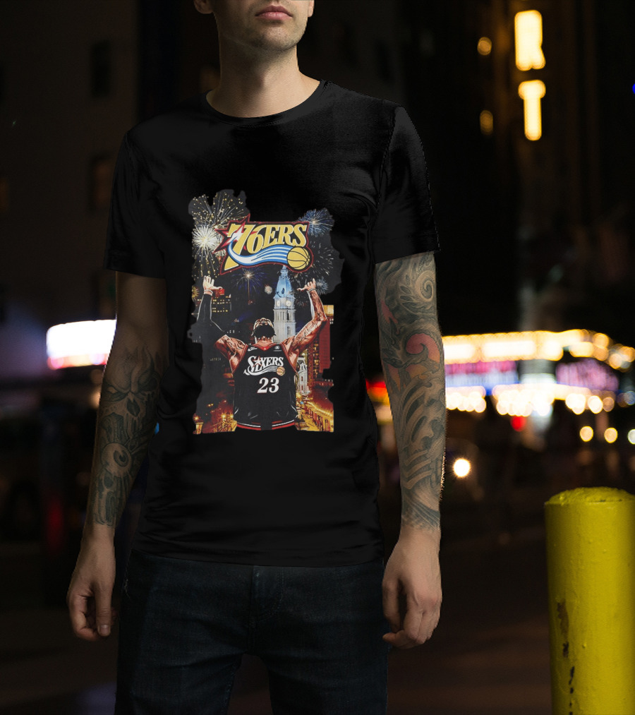 Philadelphia 76ers NBA Basketball 23 Cityscape Fireworks T-Shirt