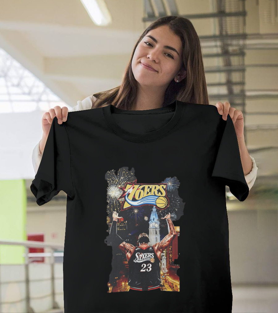 Philadelphia 76ers NBA Basketball 23 Cityscape Fireworks T-Shirt