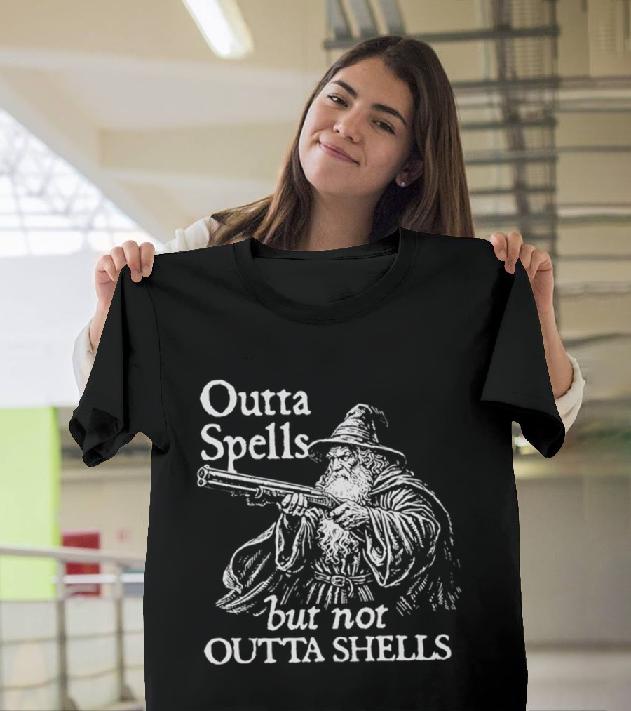 Outta Spells But Not Outta Shells Wizard With Gun Magic T-Shirt