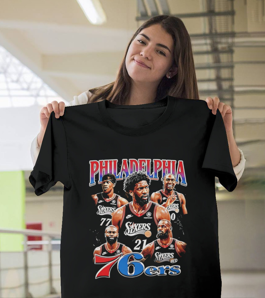 Philadelphia 76ers Embiid LeBron Collage 21 77 T-Shirt