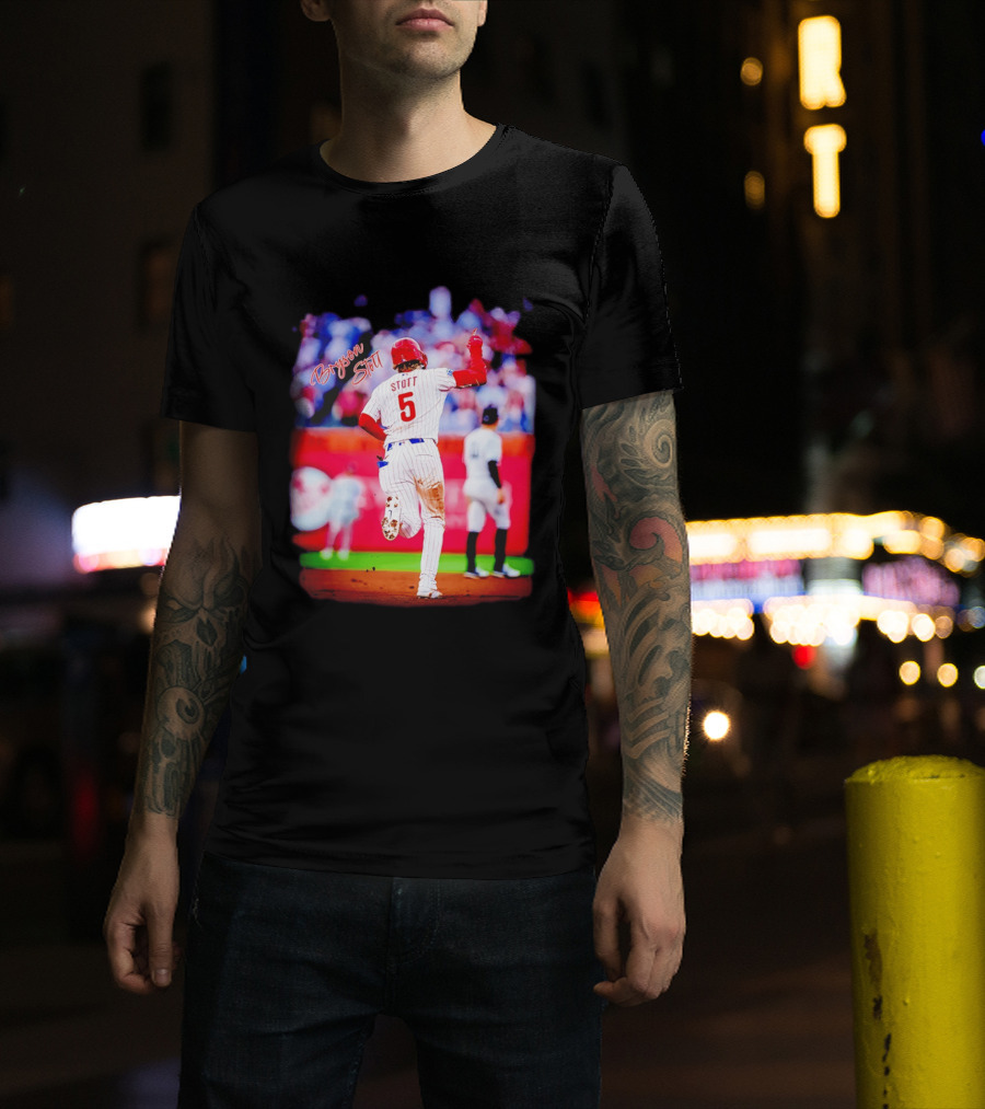 Philadelphia Phillies Bryson Stott 5 Baseball Game Action T-Shirt
