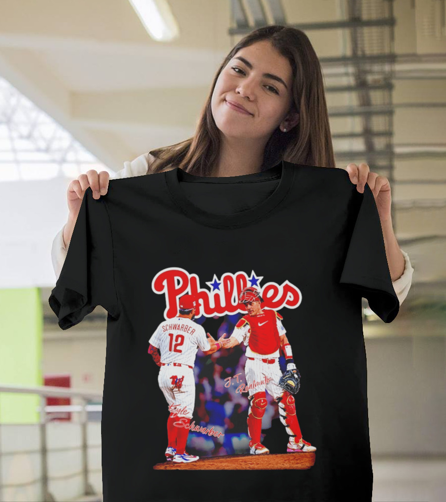 Philadelphia Phillies Kyle Schwarber J Realmuto 12 Catcher Handshake T-Shirt