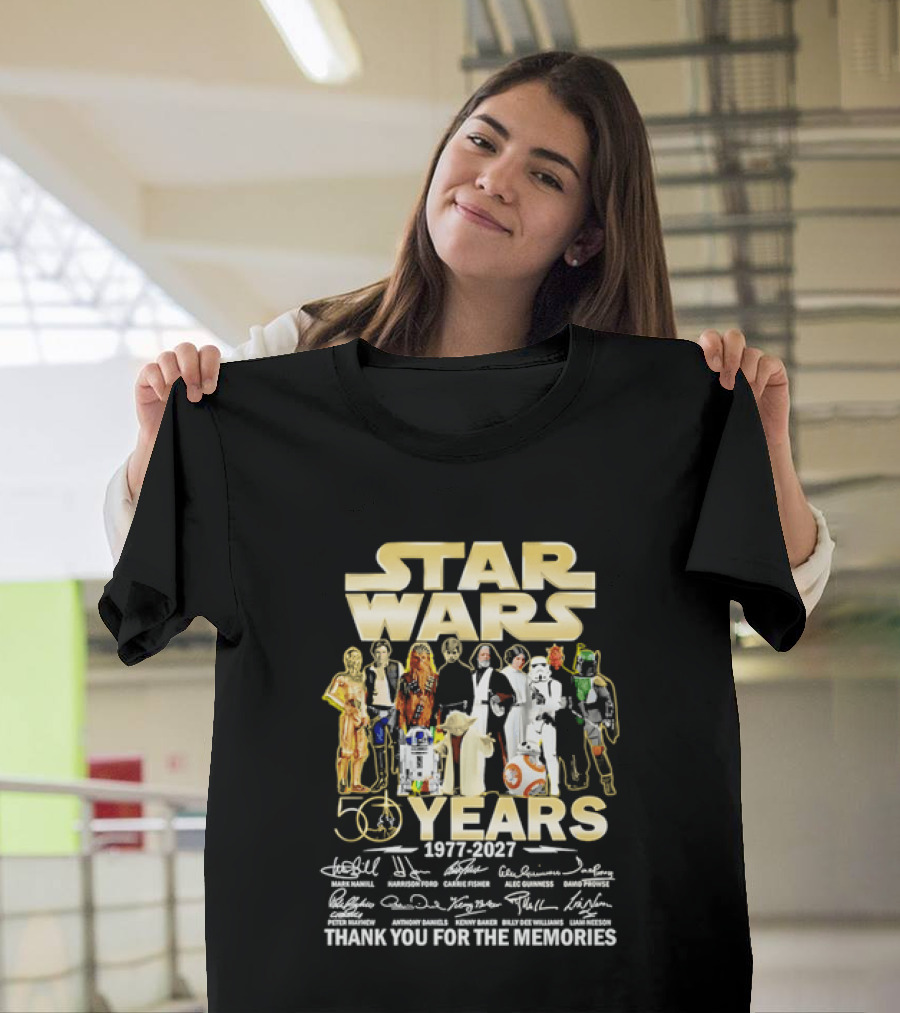 Star Wars 50 Years 1977 2027 Thank You For The Memories Cast Signatures T-Shirt