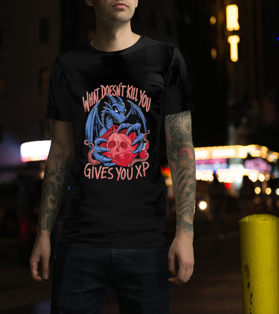 What Doesn't Kill You Gives You XP Blue Dragon Holding Red D20 Skull T-Shirt