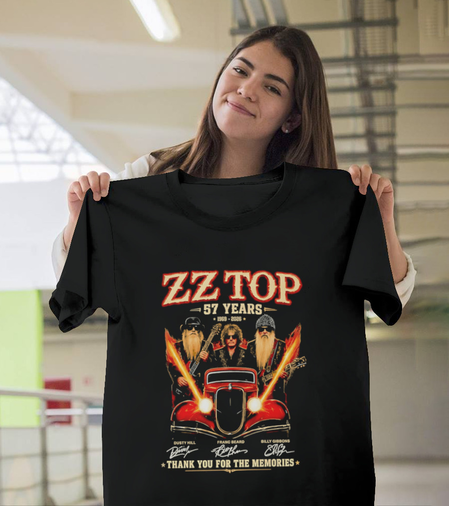ZZ Top 57 Years 1969 2026 Dusty Hill Franc Beard Billy Gibbons Thank You For The Memories Classic Car And Guitars T-Shirt