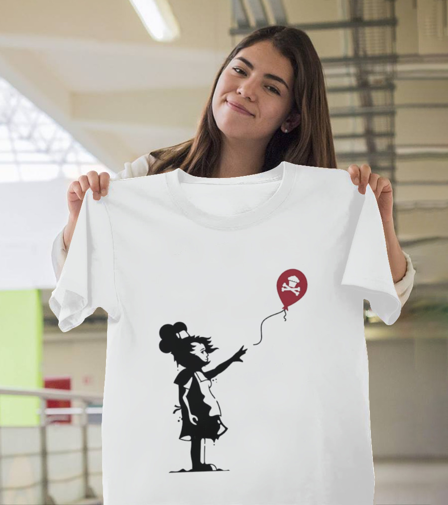 Baker Reaching For Cupcake And Crossbones Balloon Black Silhouette On Red T-Shirt