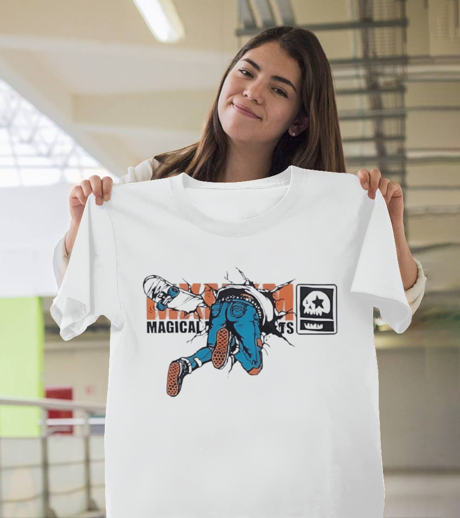 Magical Skateboarder Crashing Through Wall Skull Jeans Brick Wall T-Shirt