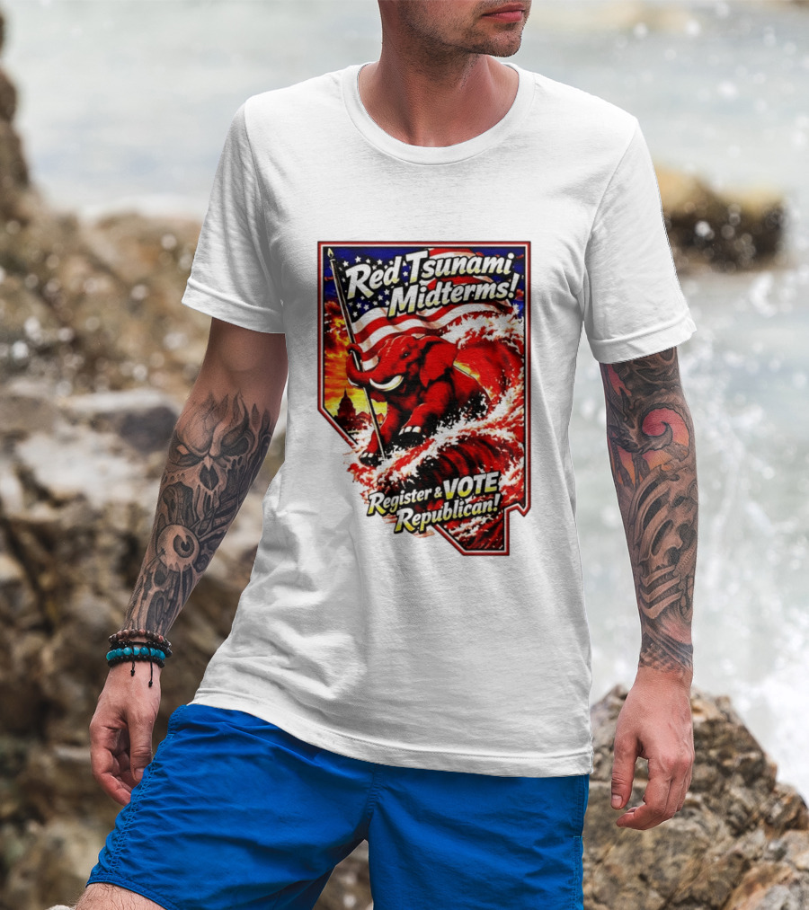 Red Tsunami Midterms Register And Vote Republican Political Elephant With American Flag T-Shirt