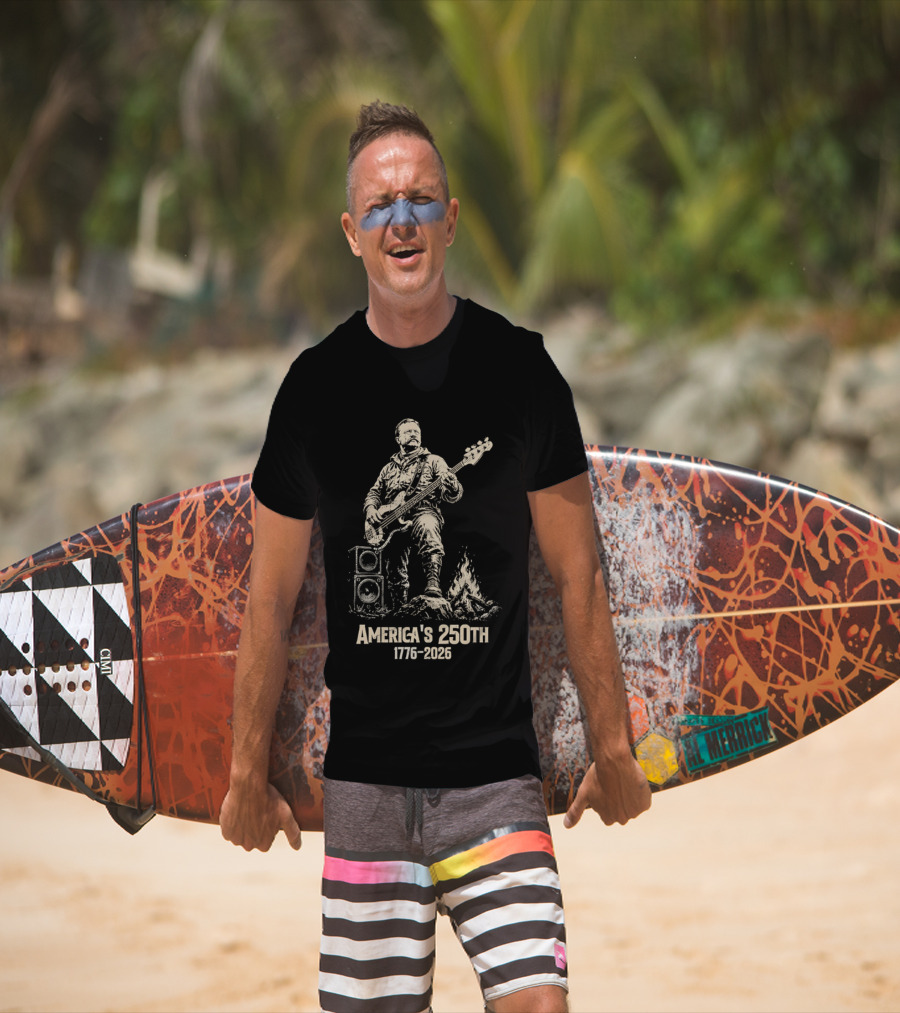 America's 250th 1776 2026 Theodore Roosevelt Bass Guitar Campfire T-Shirt