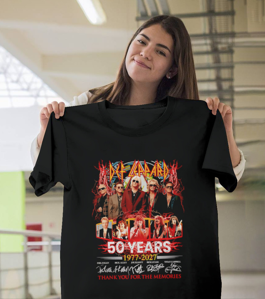 Def Leppard 50 Years 1977 2027 Thank You For The Memories Rock Legends Celebration Autographed Collage T-Shirt