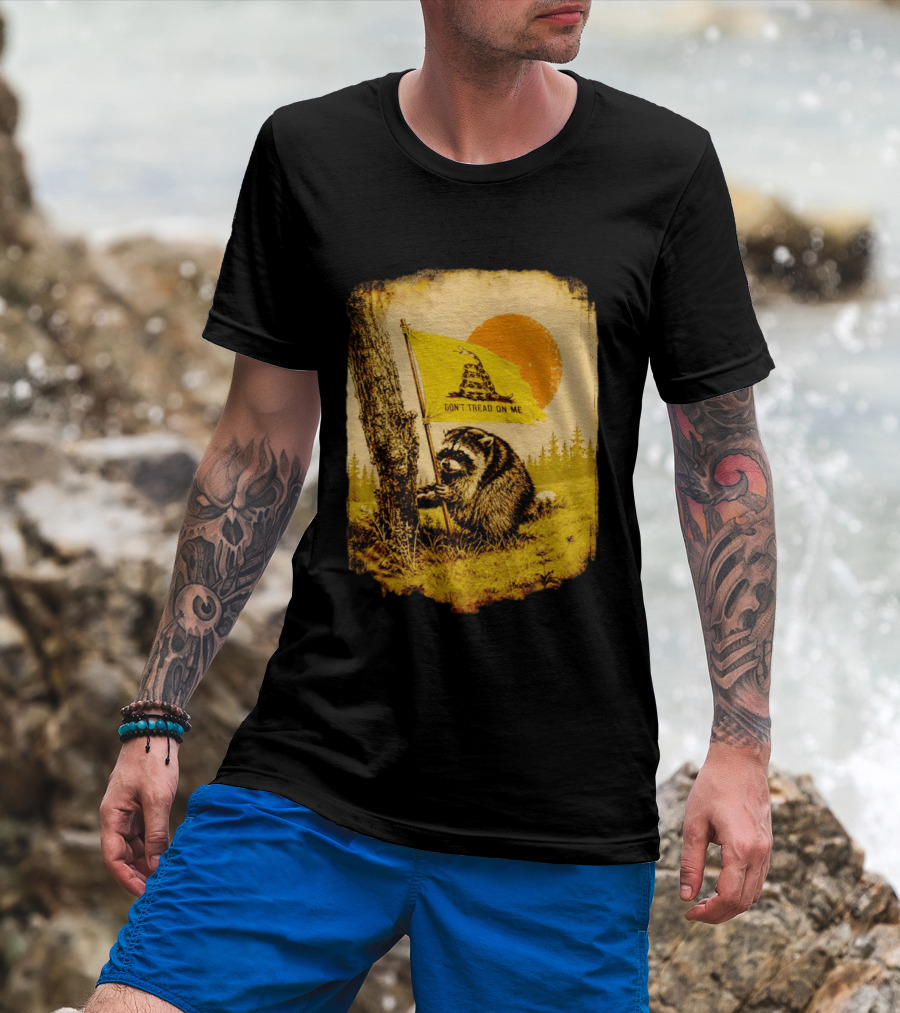 Don't Tread On Me Raccoon Holding Gadsden Flag Rustic Sun T-Shirt