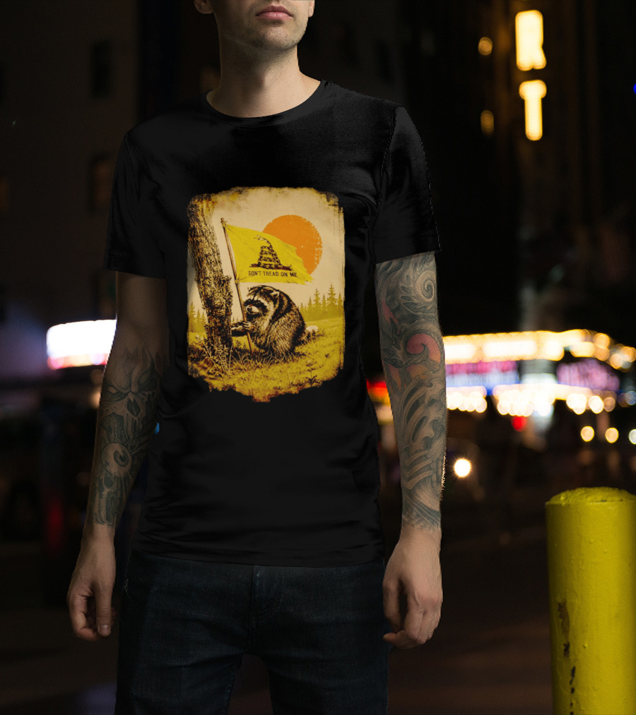 Don't Tread On Me Raccoon Holding Gadsden Flag Rustic Sun T-Shirt