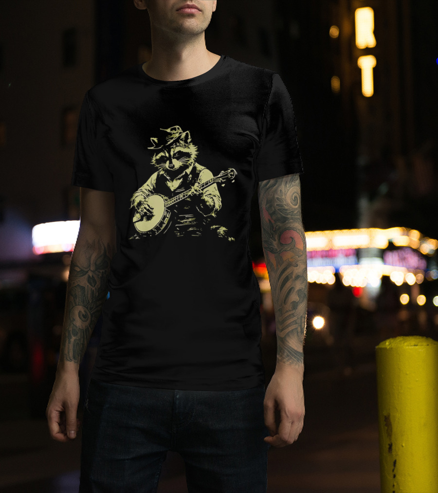 Raccoon Strumming Banjo Wearing Hat And Vest T-Shirt