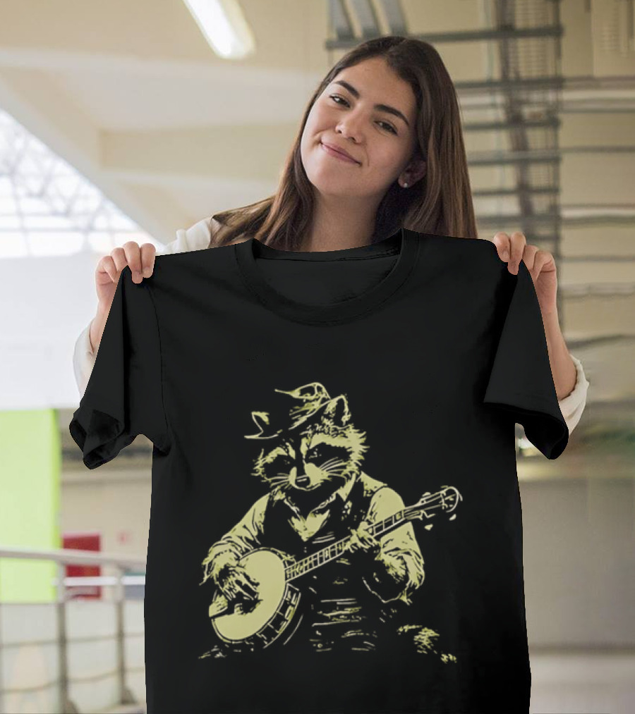 Raccoon Strumming Banjo Wearing Hat And Vest T-Shirt