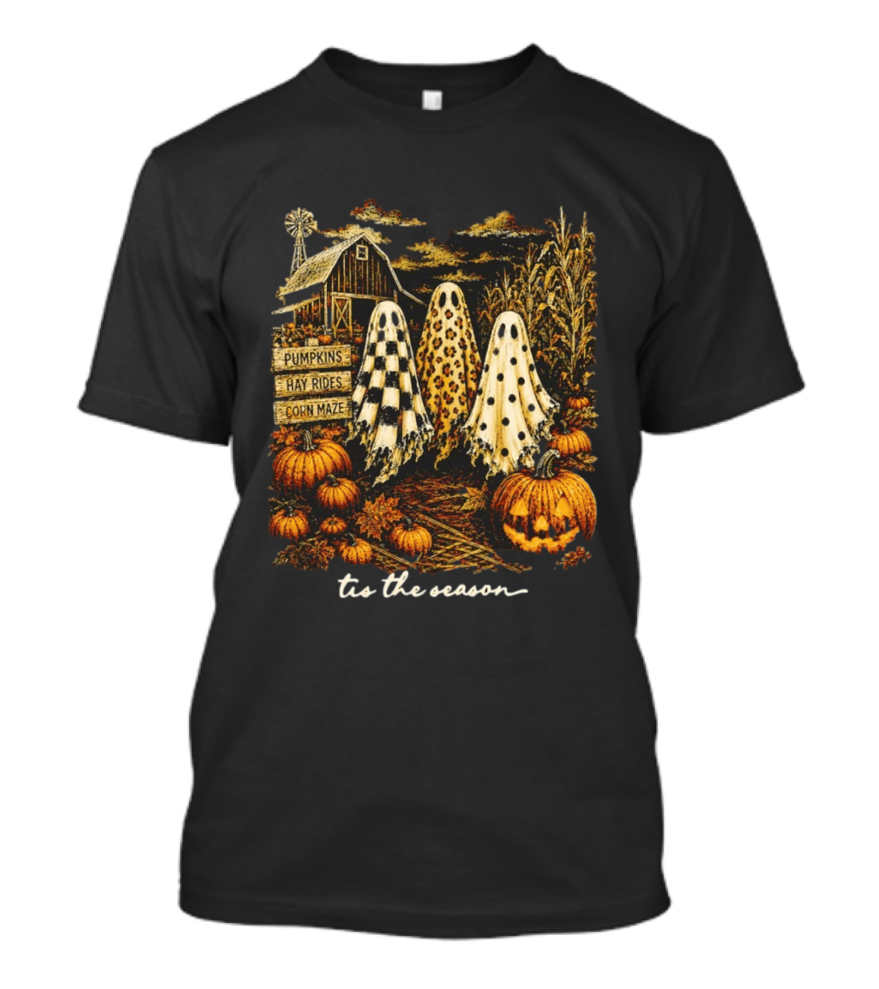 Tis The Season Halloween Ghosts Trio Pumpkins Hay Rides Corn Maze Spooky Autumn T-Shirt