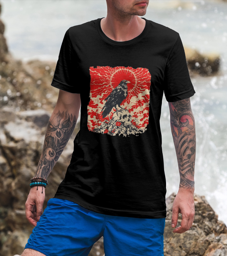 The Crow And The Skull Vintage Gothic Illustration Red Sunburst Mystical T-Shirt