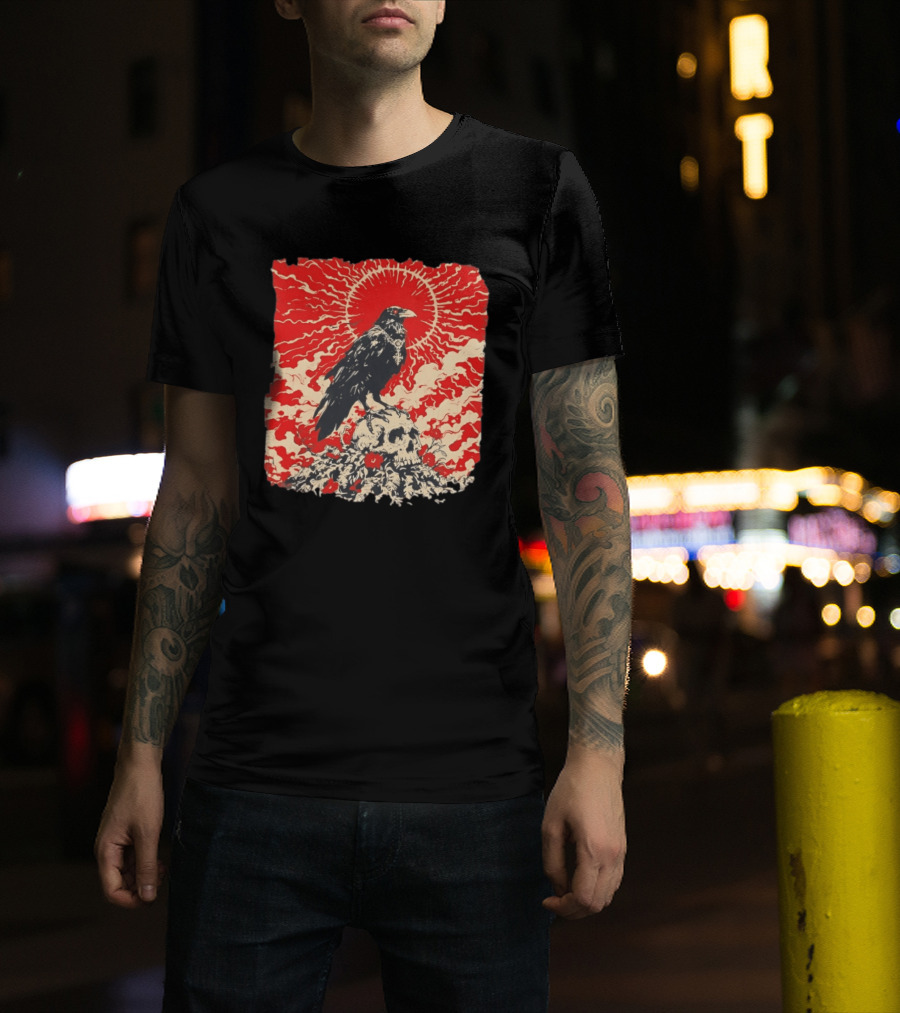 The Crow And The Skull Vintage Gothic Illustration Red Sunburst Mystical T-Shirt
