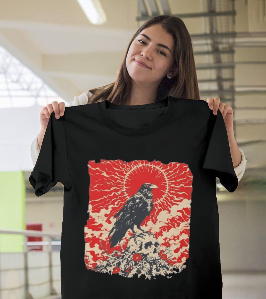 The Crow And The Skull Vintage Gothic Illustration Red Sunburst Mystical T-Shirt