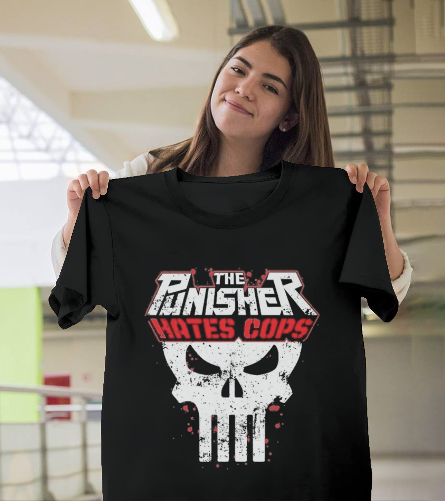 The Punisher Hates Cops Skull Symbol Red White T-Shirt